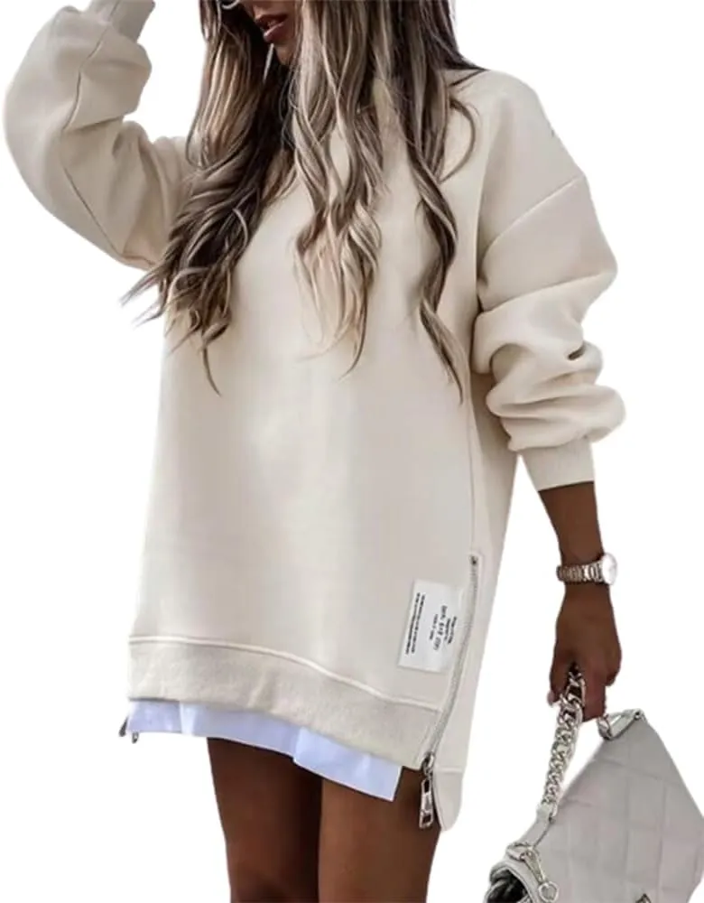 CHICME Womens Long Sleeve Zipper Slit Oversized Sweatshirt Casual Pullover Zipper Hoodies