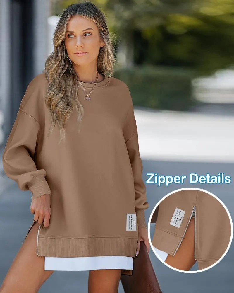CHICME Womens Long Sleeve Zipper Slit Oversized Sweatshirt Casual Pullover Zipper Hoodies