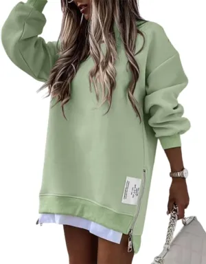 CHICME Womens Long Sleeve Zipper Slit Oversized Sweatshirt Casual Pullover Zipper Hoodies