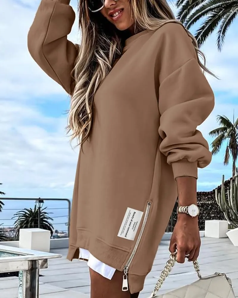 CHICME Womens Long Sleeve Zipper Slit Oversized Sweatshirt Casual Pullover Zipper Hoodies