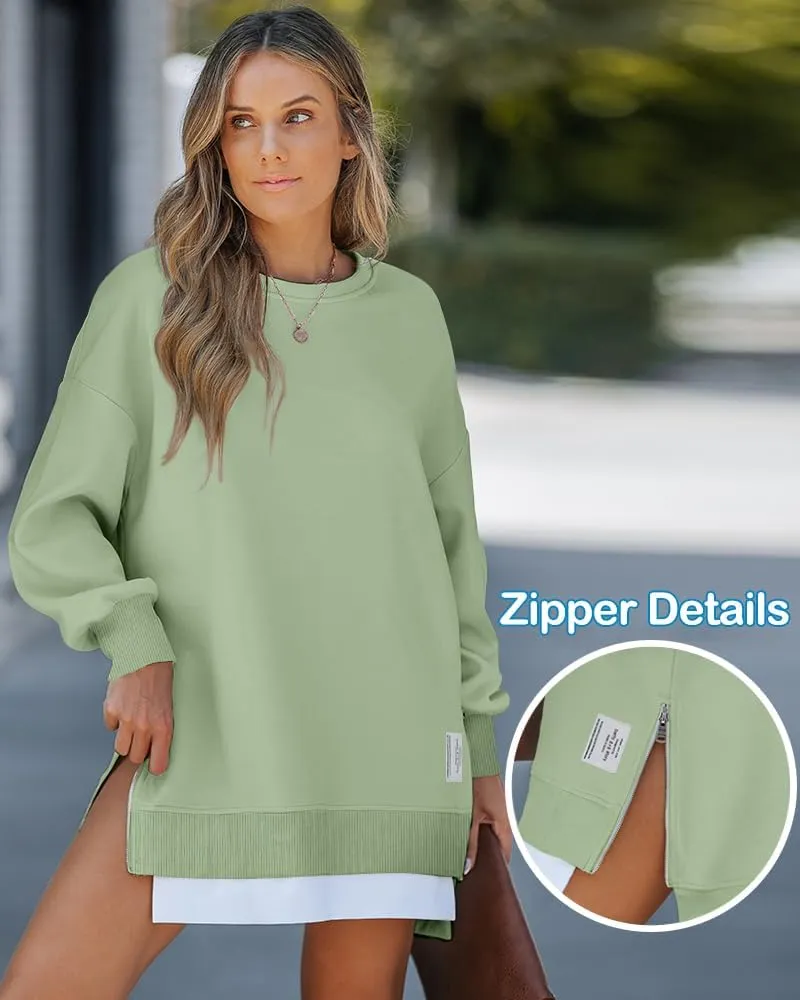 CHICME Womens Long Sleeve Zipper Slit Oversized Sweatshirt Casual Pullover Zipper Hoodies