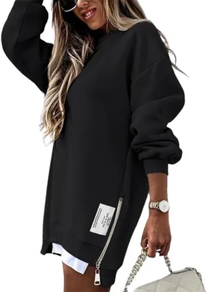 CHICME Womens Long Sleeve Zipper Slit Oversized Sweatshirt Casual Pullover Zipper Hoodies