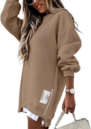 CHICME Womens Long Sleeve Zipper Slit Oversized Sweatshirt Casual Pullover Zipper Hoodies