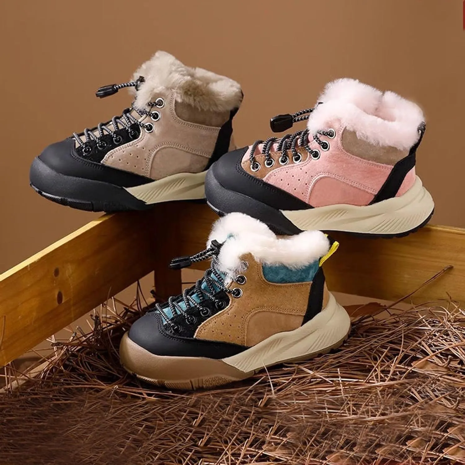 Childrens Fuzzy Booties Lace-Up Cotton Thick Shoes Boys Kids Outdoor Ski Snow Boots Warm Comfy Non Slip Winter Ankle