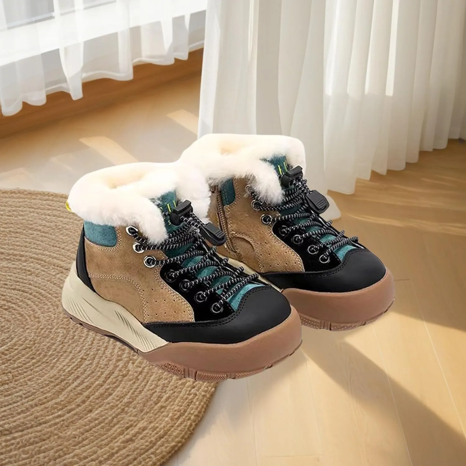 Childrens Fuzzy Booties Lace-Up Cotton Thick Shoes Boys Kids Outdoor Ski Snow Boots Warm Comfy Non Slip Winter Ankle