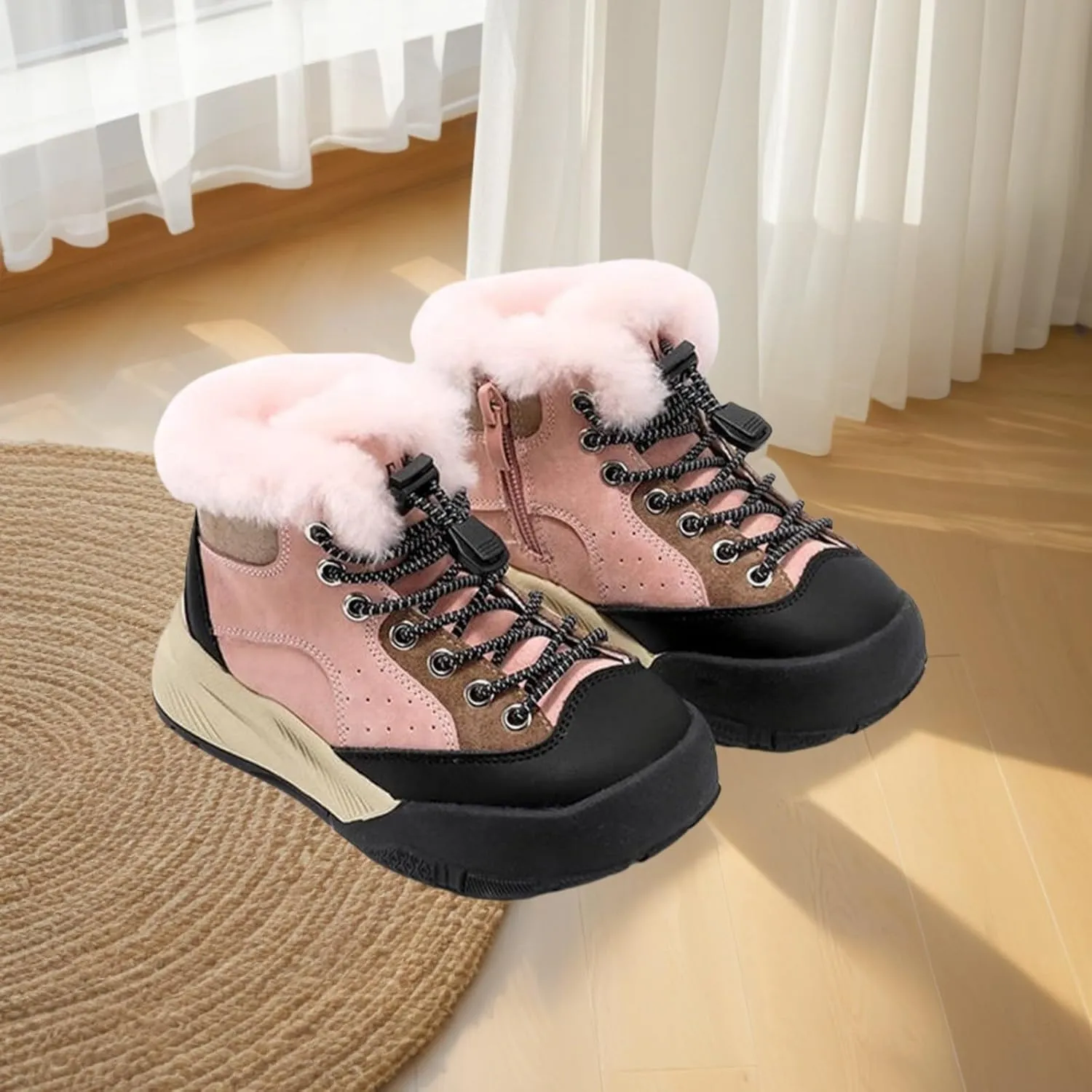 Childrens Fuzzy Booties Lace-Up Cotton Thick Shoes Boys Kids Outdoor Ski Snow Boots Warm Comfy Non Slip Winter Ankle