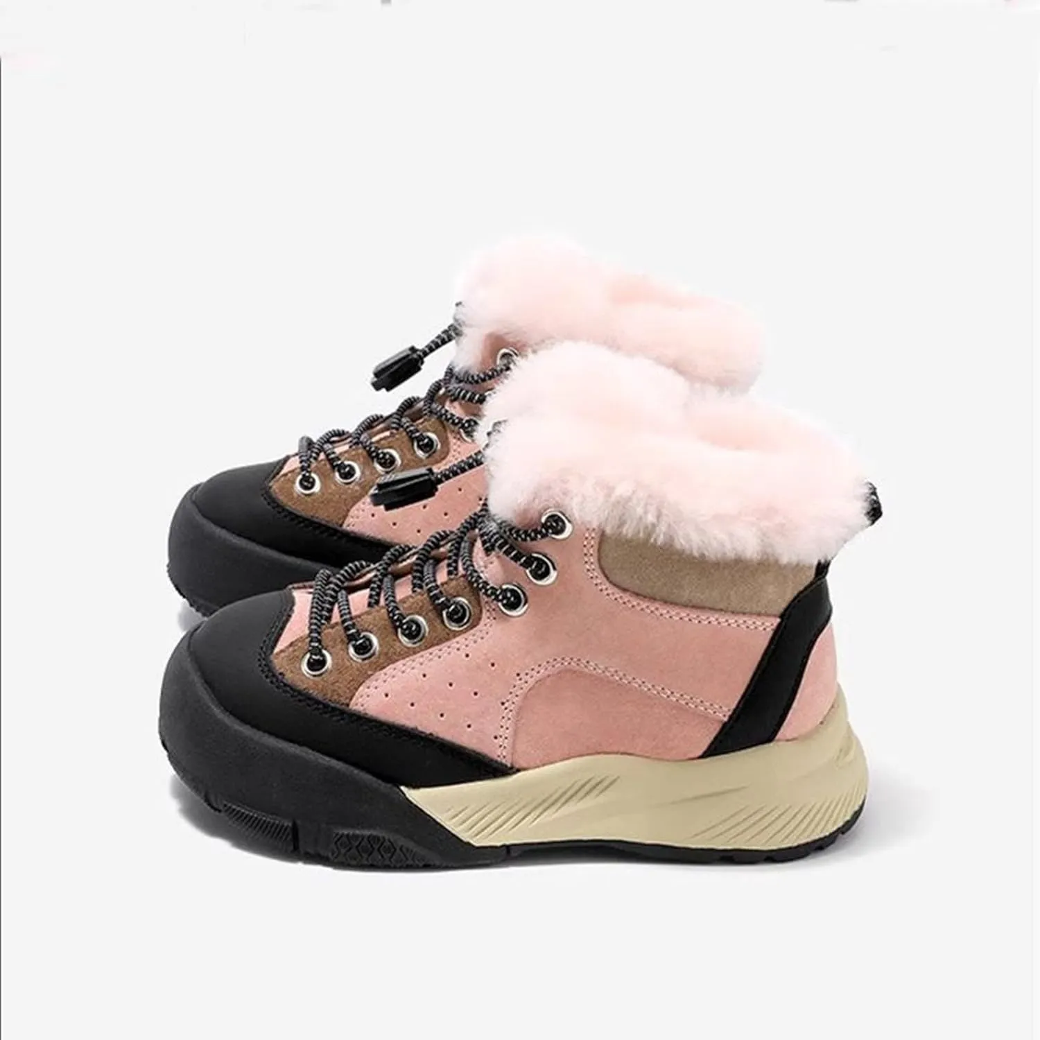Childrens Fuzzy Booties Lace-Up Cotton Thick Shoes Boys Kids Outdoor Ski Snow Boots Warm Comfy Non Slip Winter Ankle