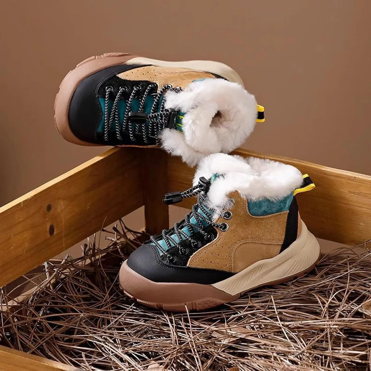 Childrens Fuzzy Booties Lace-Up Cotton Thick Shoes Boys Kids Outdoor Ski Snow Boots Warm Comfy Non Slip Winter Ankle