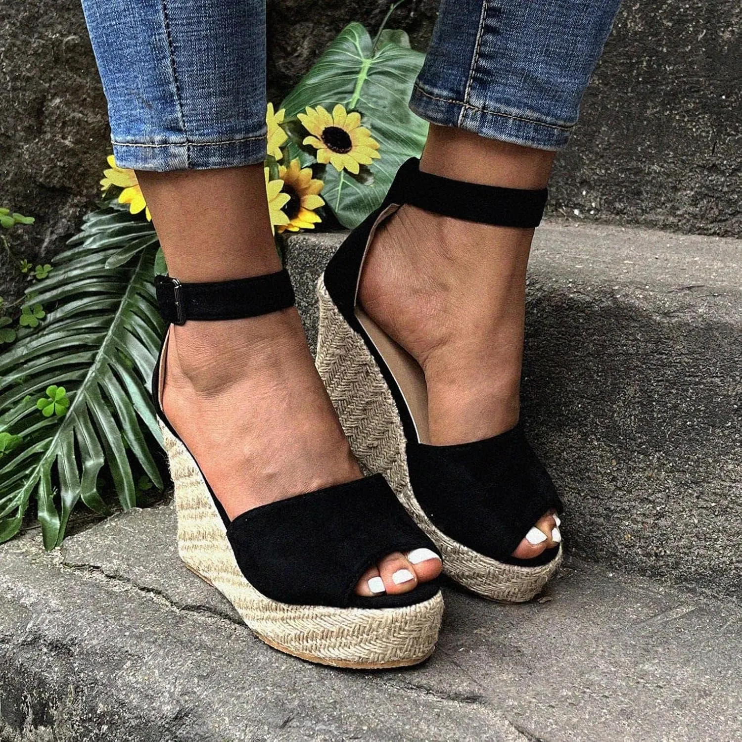Chunky Espadrille Platform Wedge for Women 2025,Ladies Peep Toe Chunky High Heel Buckle Ankle Strap Summer Casual Dressy Sandals