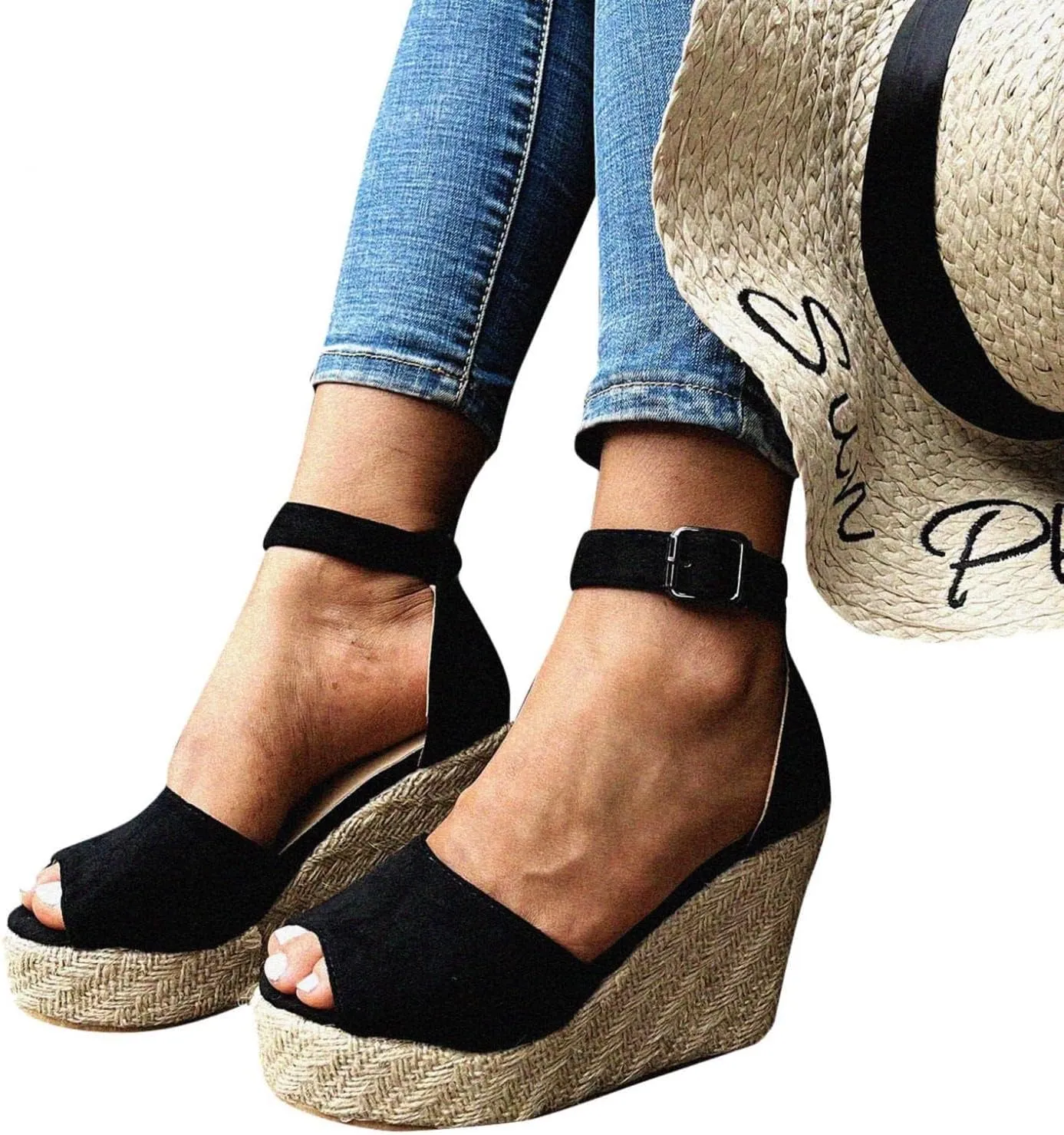 Chunky Espadrille Platform Wedge for Women 2025,Ladies Peep Toe Chunky High Heel Buckle Ankle Strap Summer Casual Dressy Sandals