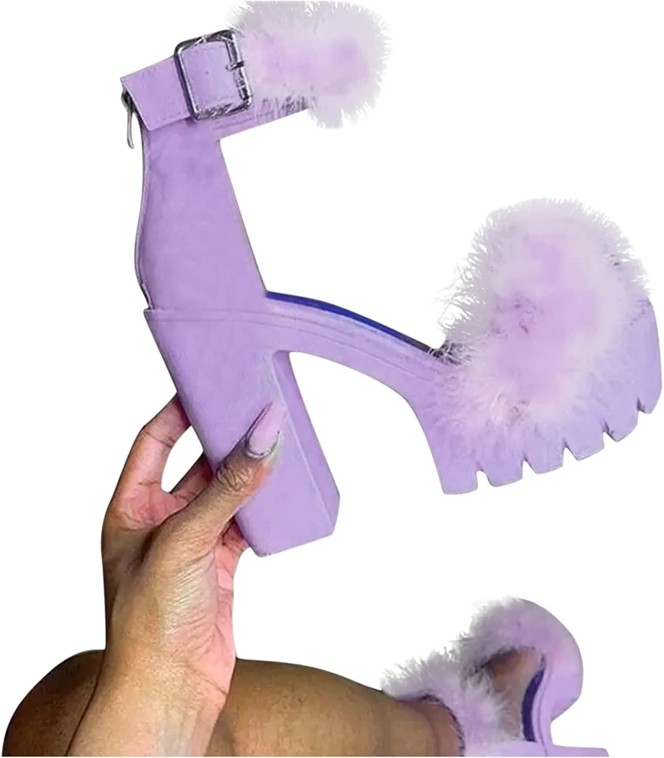 Chunky Heels for Women Feather High Heels Sandals Open Toe Party Ankle Strap Shoes Fuzzy Fluffy Block Heeled Shoes