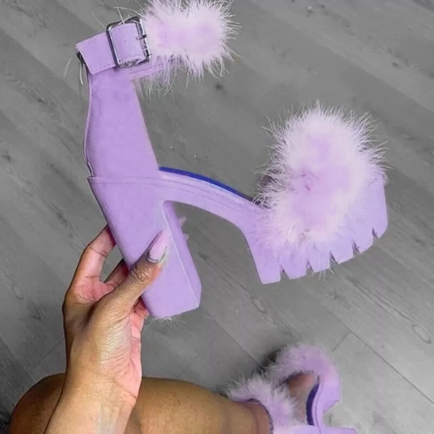 Chunky Heels for Women Feather High Heels Sandals Open Toe Party Ankle Strap Shoes Fuzzy Fluffy Block Heeled Shoes