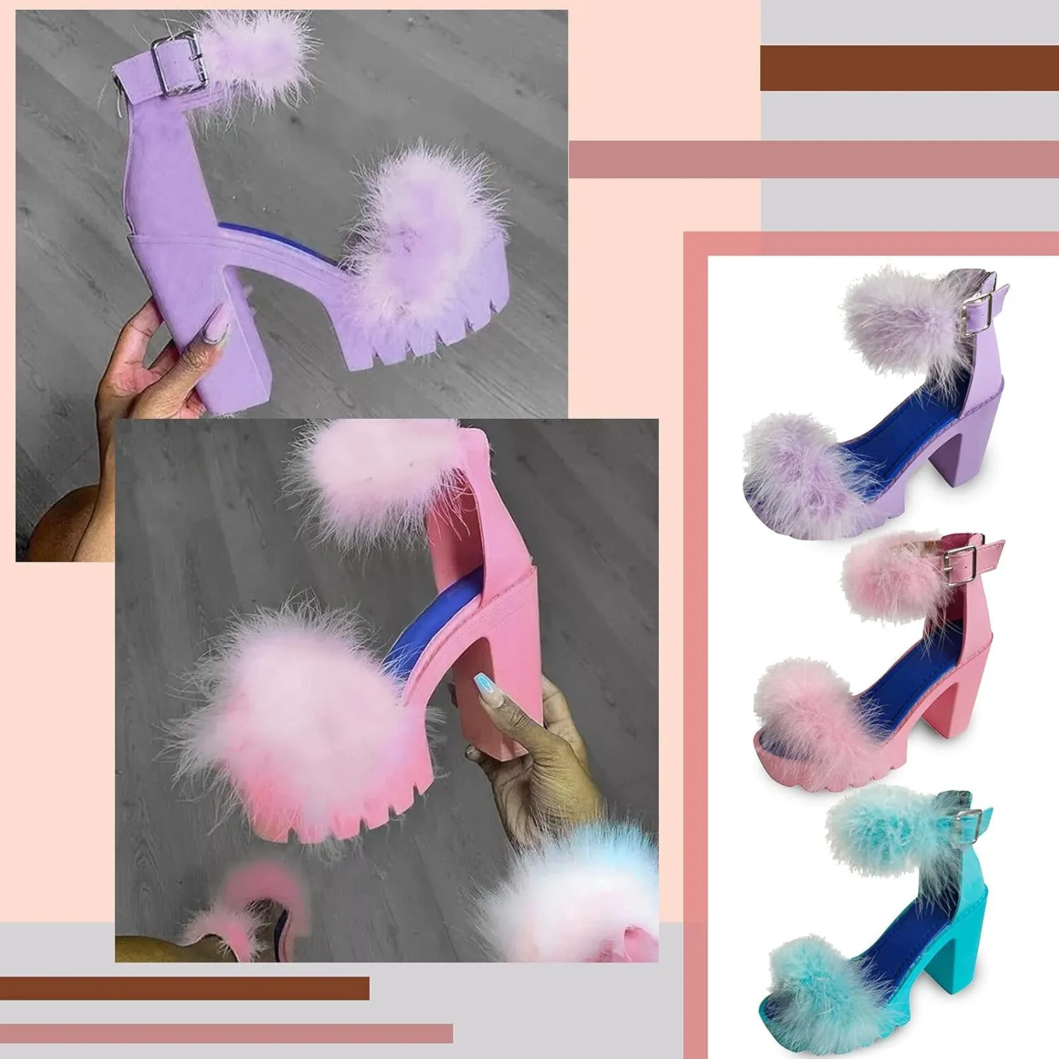 Chunky Heels for Women Feather High Heels Sandals Open Toe Party Ankle Strap Shoes Fuzzy Fluffy Block Heeled Shoes