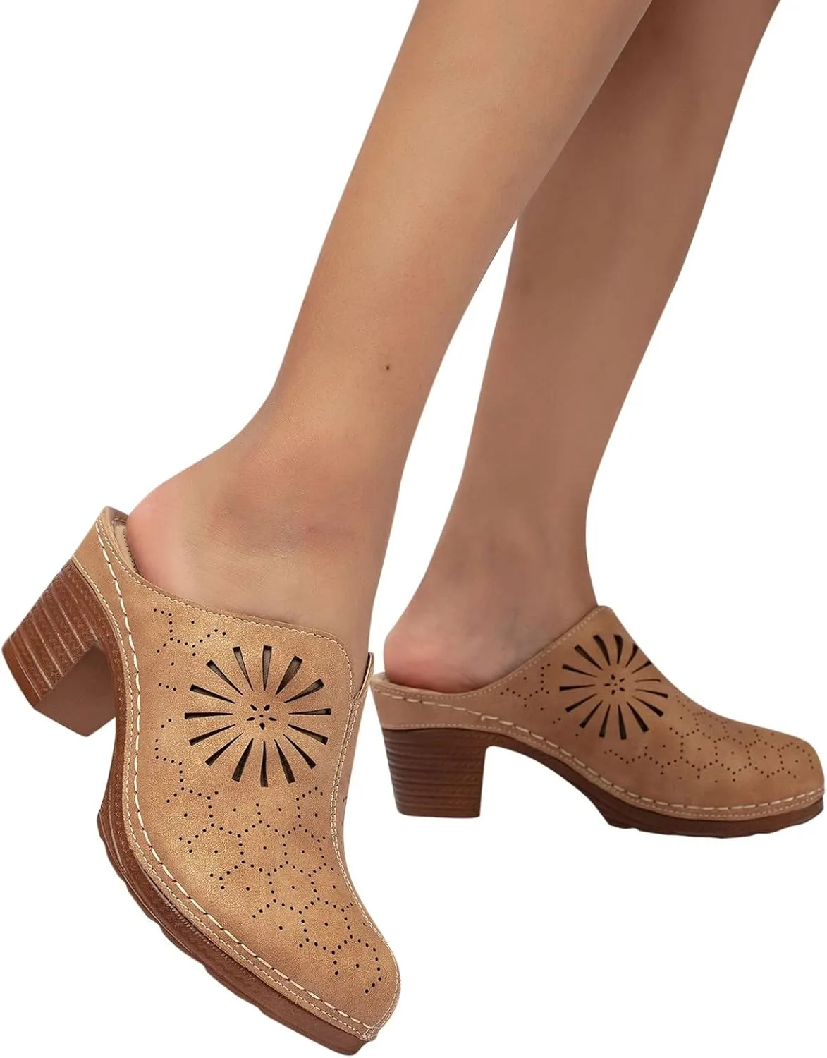 Chunky Heels for Women Hollow Closed Toe Chunky Heels Summer Retro Flower Pattern Sandals Casual Breathable Shoes