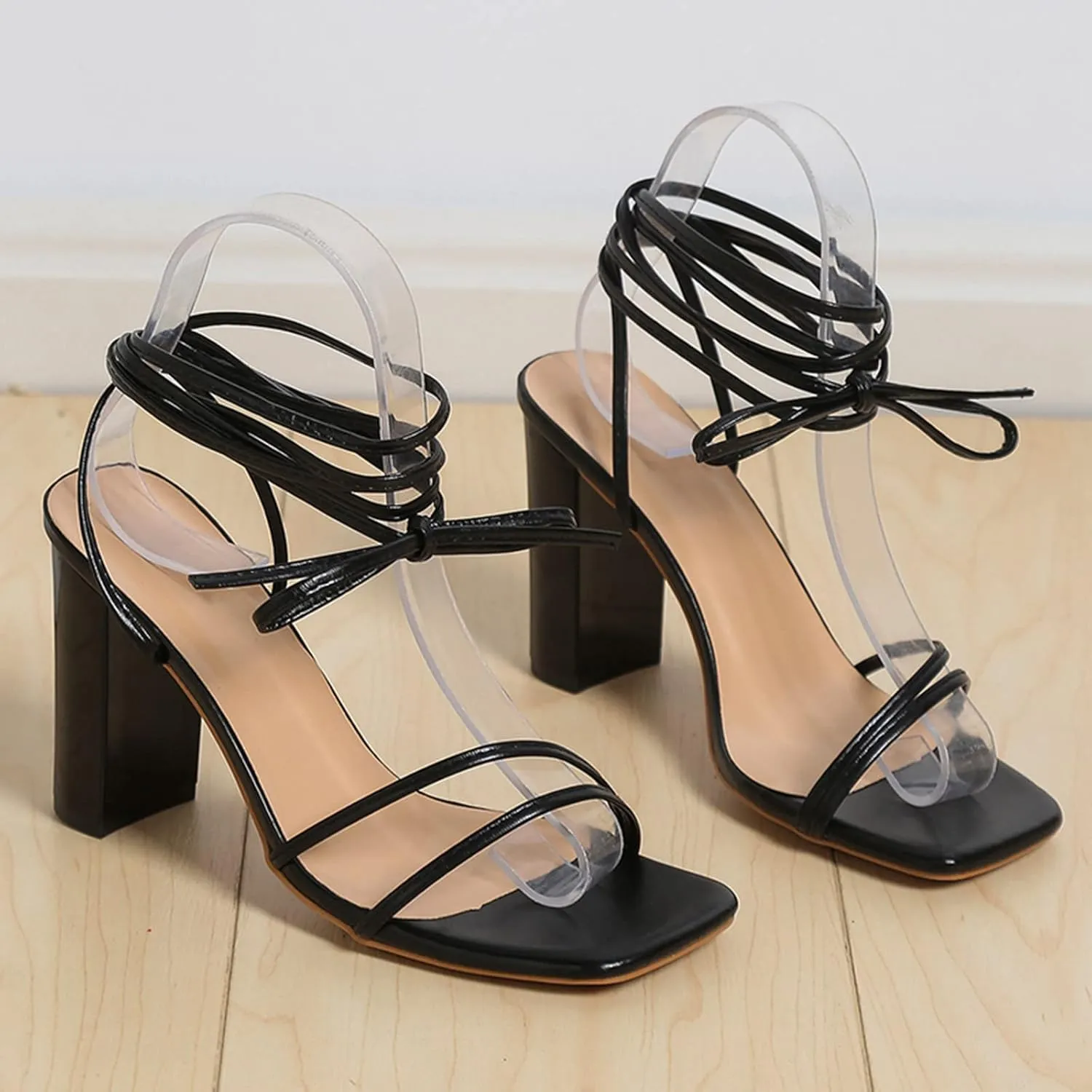 Chunky Heels for Women Strappy Open Toe High Heels Black Lace up Heeled Sandals Wedding Party Dress Shoes
