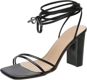 Chunky Heels for Women Strappy Open Toe High Heels Black Lace up Heeled Sandals Wedding Party Dress Shoes
