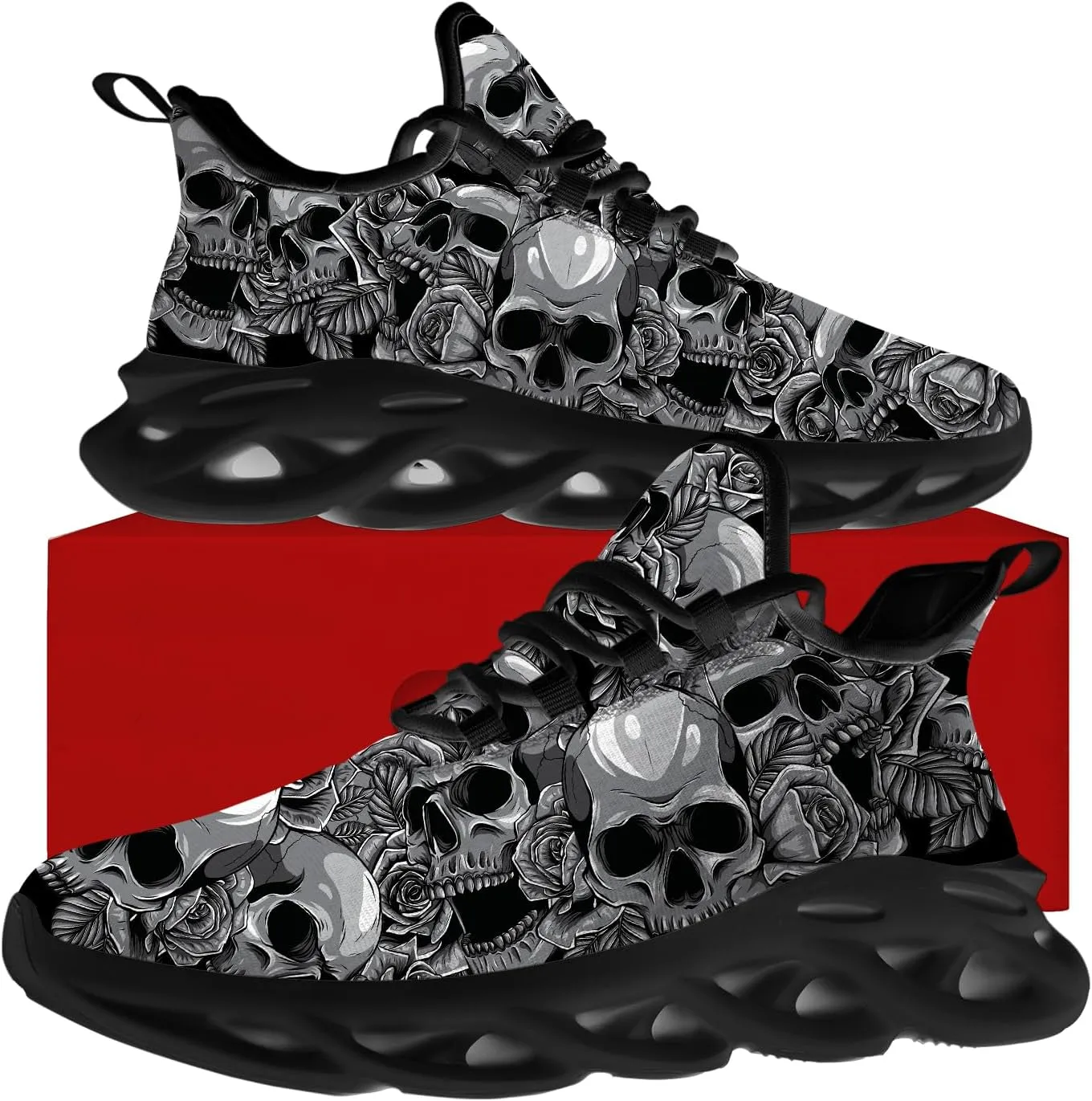 Ciadoon Skull Shoes for Women Men Road Running Walking Tennis Breathable Lightweight Sneakers Gifts for Men Women