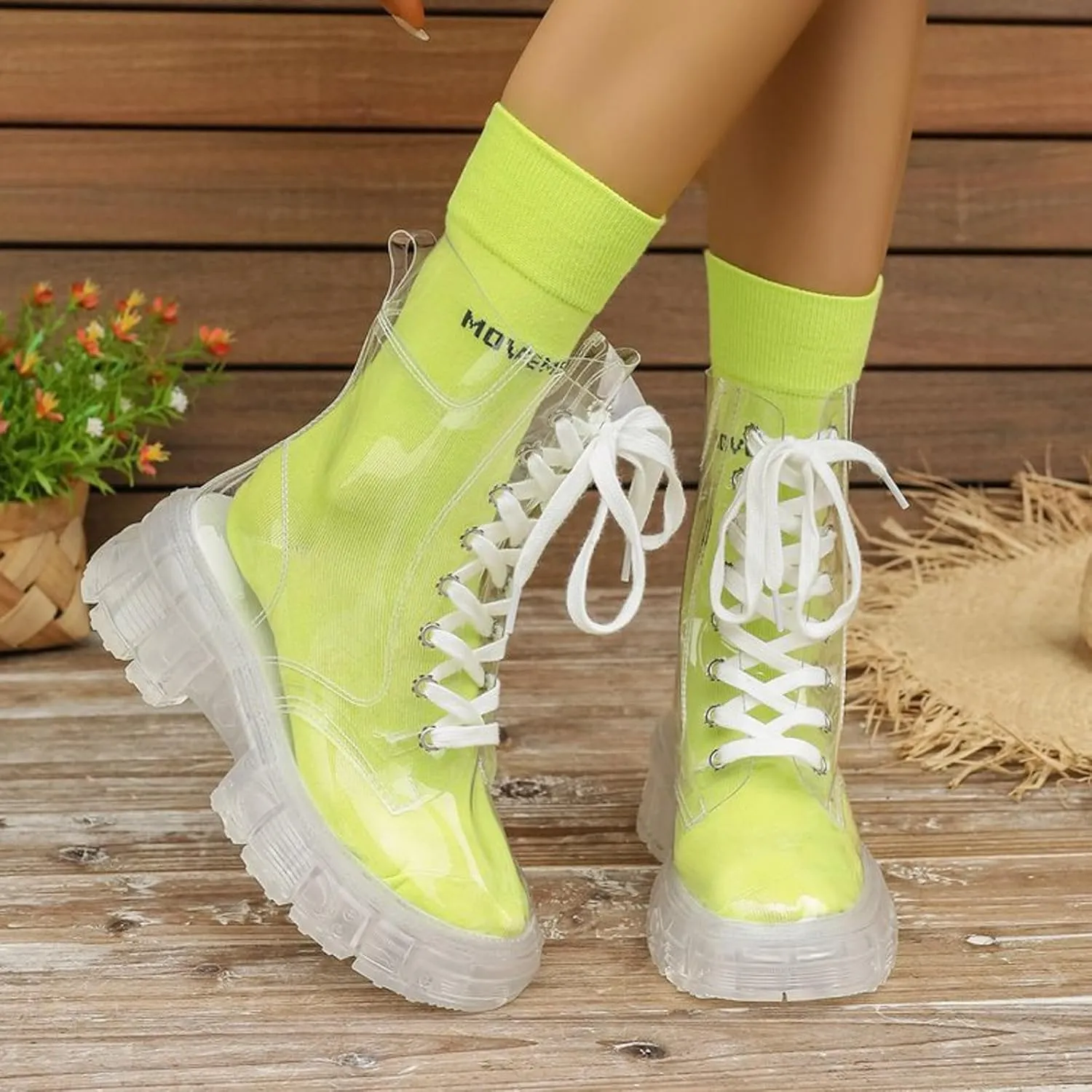Combat Boots Womens Women's Y2K Transparent Combat Boots Platform Thick Sole Booties Casual Outdoor Pull On Bootie