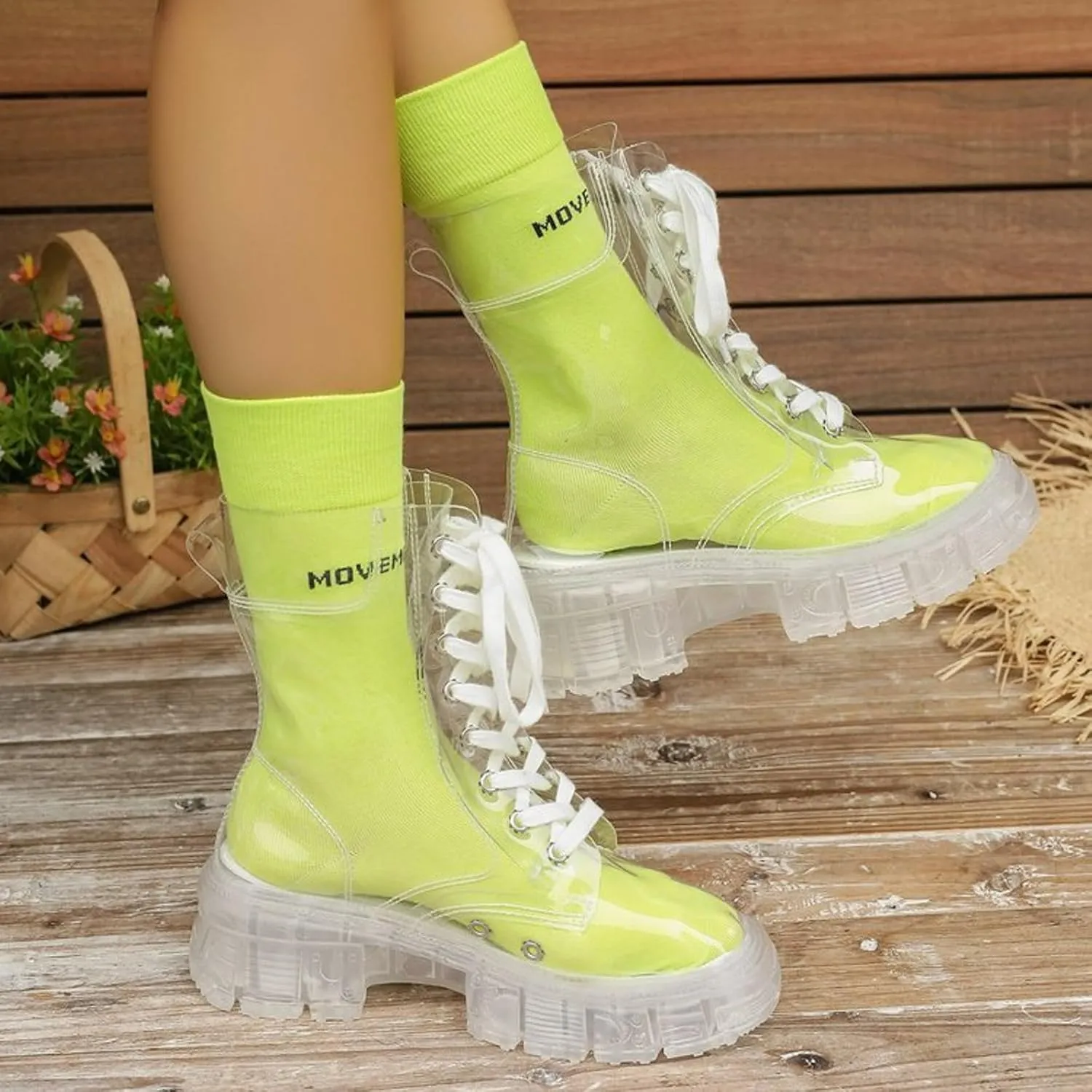 Combat Boots Womens Women's Y2K Transparent Combat Boots Platform Thick Sole Booties Casual Outdoor Pull On Bootie