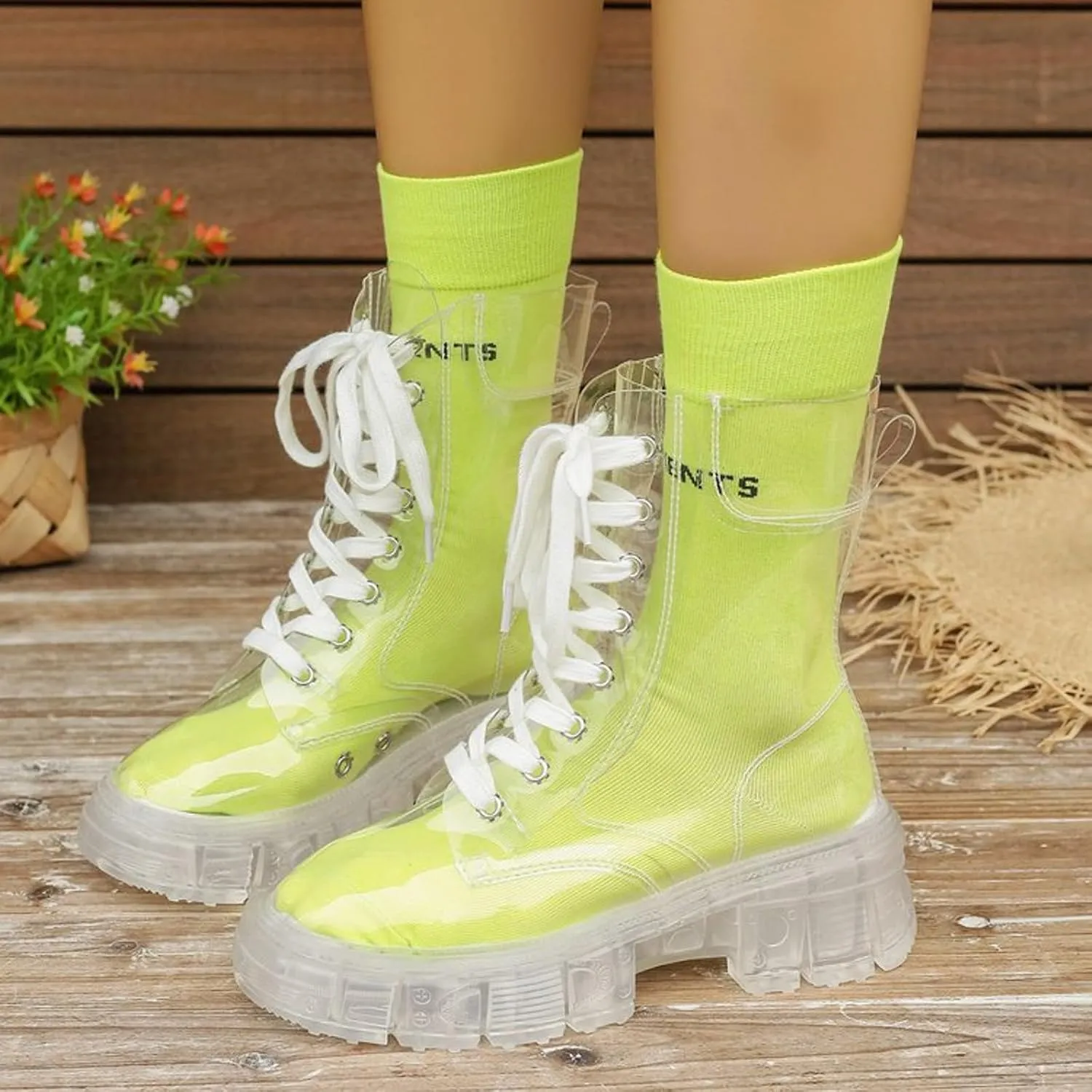 Combat Boots Womens Women's Y2K Transparent Combat Boots Platform Thick Sole Booties Casual Outdoor Pull On Bootie
