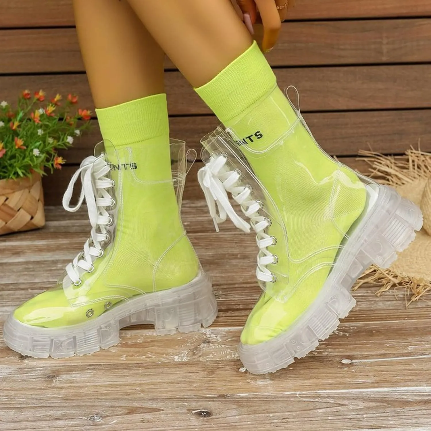 Combat Boots Womens Women's Y2K Transparent Combat Boots Platform Thick Sole Booties Casual Outdoor Pull On Bootie