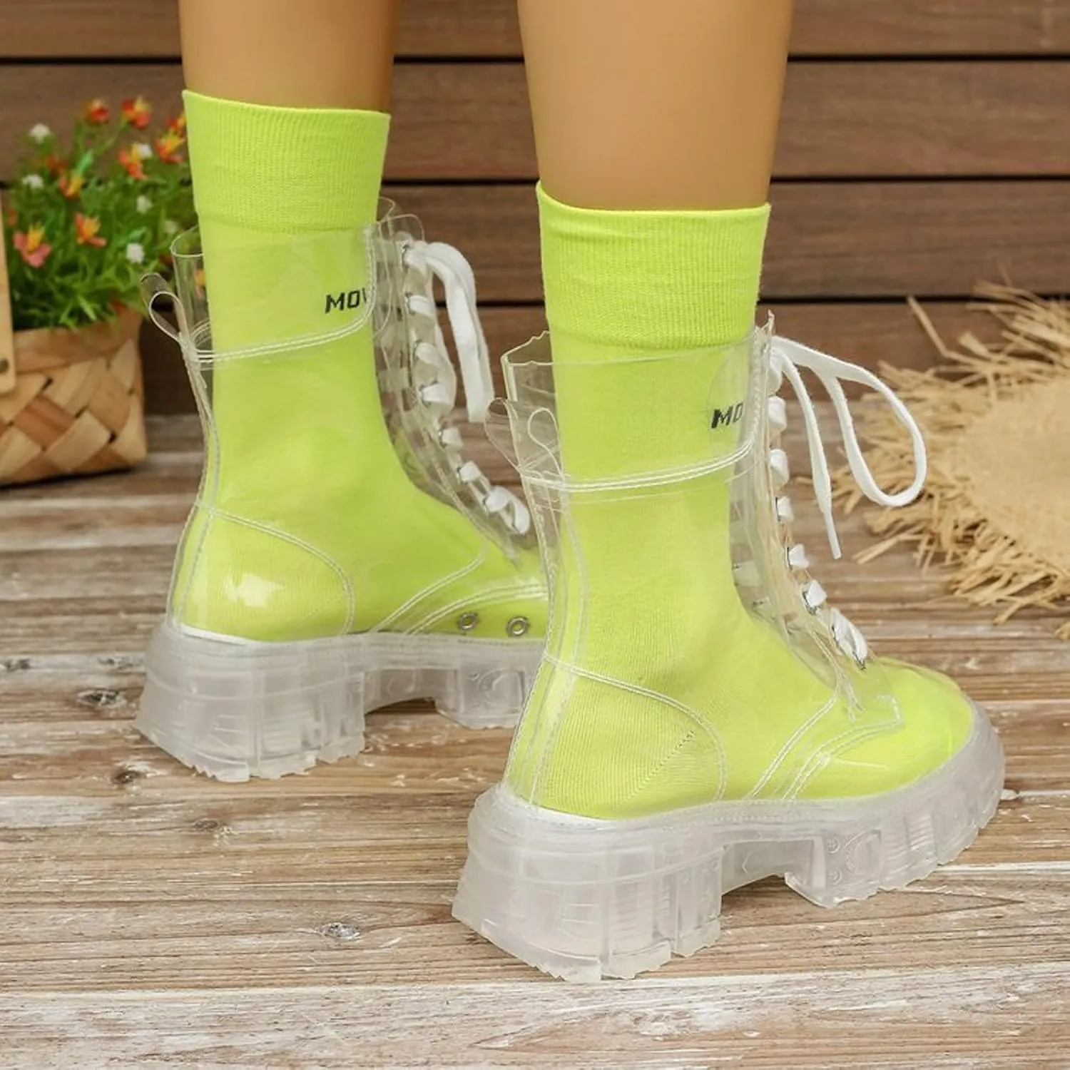 Combat Boots Womens Women's Y2K Transparent Combat Boots Platform Thick Sole Booties Casual Outdoor Pull On Bootie