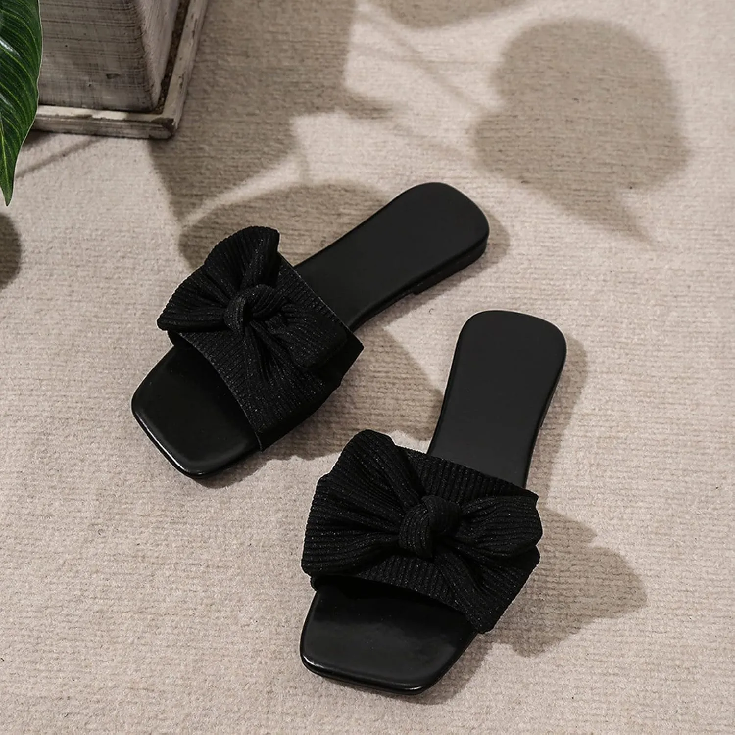 Comfortable Fashion Beach Cute Ladies Slides Ladies Fashion Solid Color Bow Cloth Open Toe Casual Flat Slippers