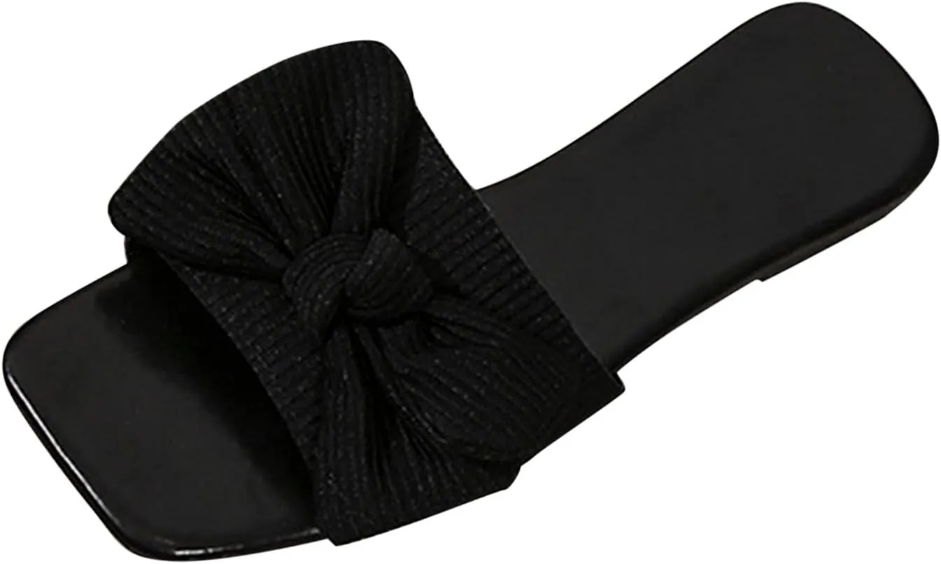 Comfortable Fashion Beach Cute Ladies Slides Ladies Fashion Solid Color Bow Cloth Open Toe Casual Flat Slippers