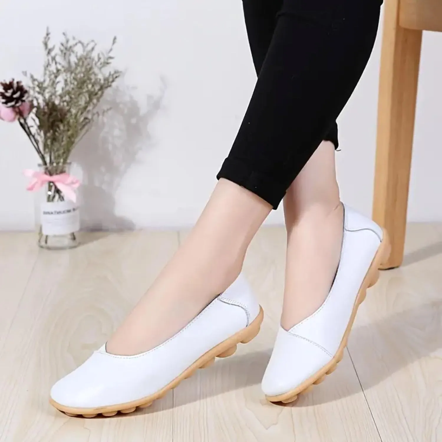 Comfortable Leather Shoes for Women Solid Non Slip 女式平底鞋 Shoes Soft Walking Driving Business Casual Elevator