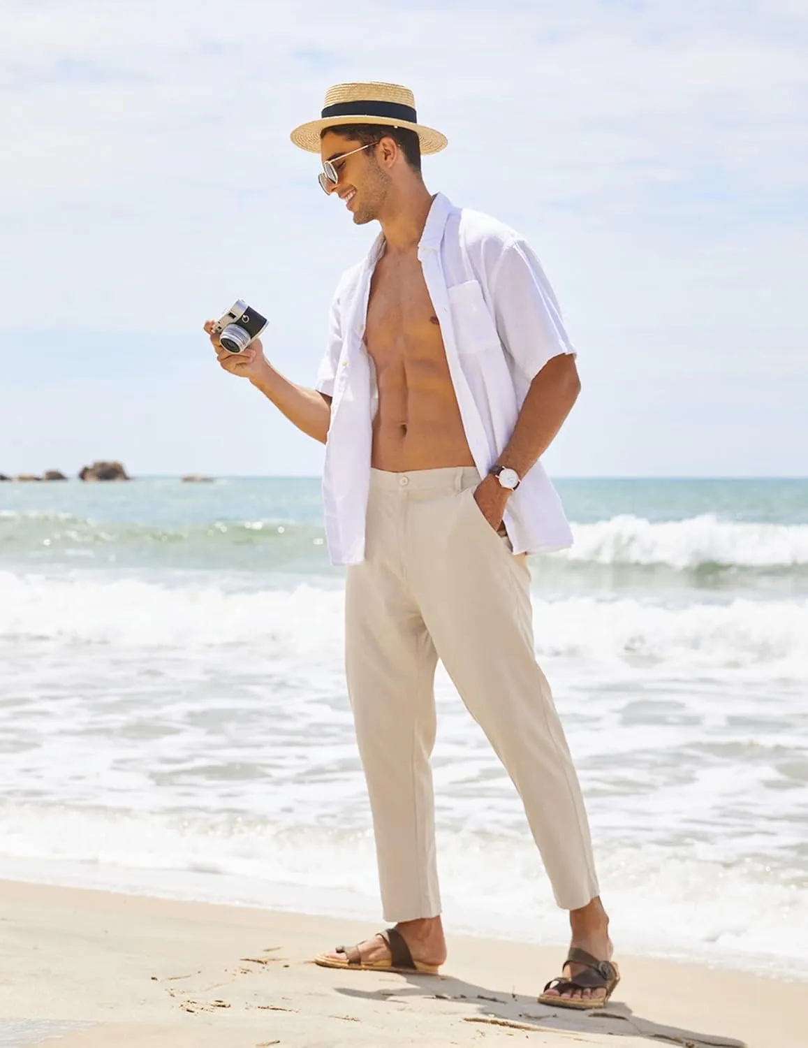COOFANDY Men's Cotton Linen Pants Elastic Waist Lightweight Casual Pants Relaxed Fit Yoga Beach Pants with Pockets