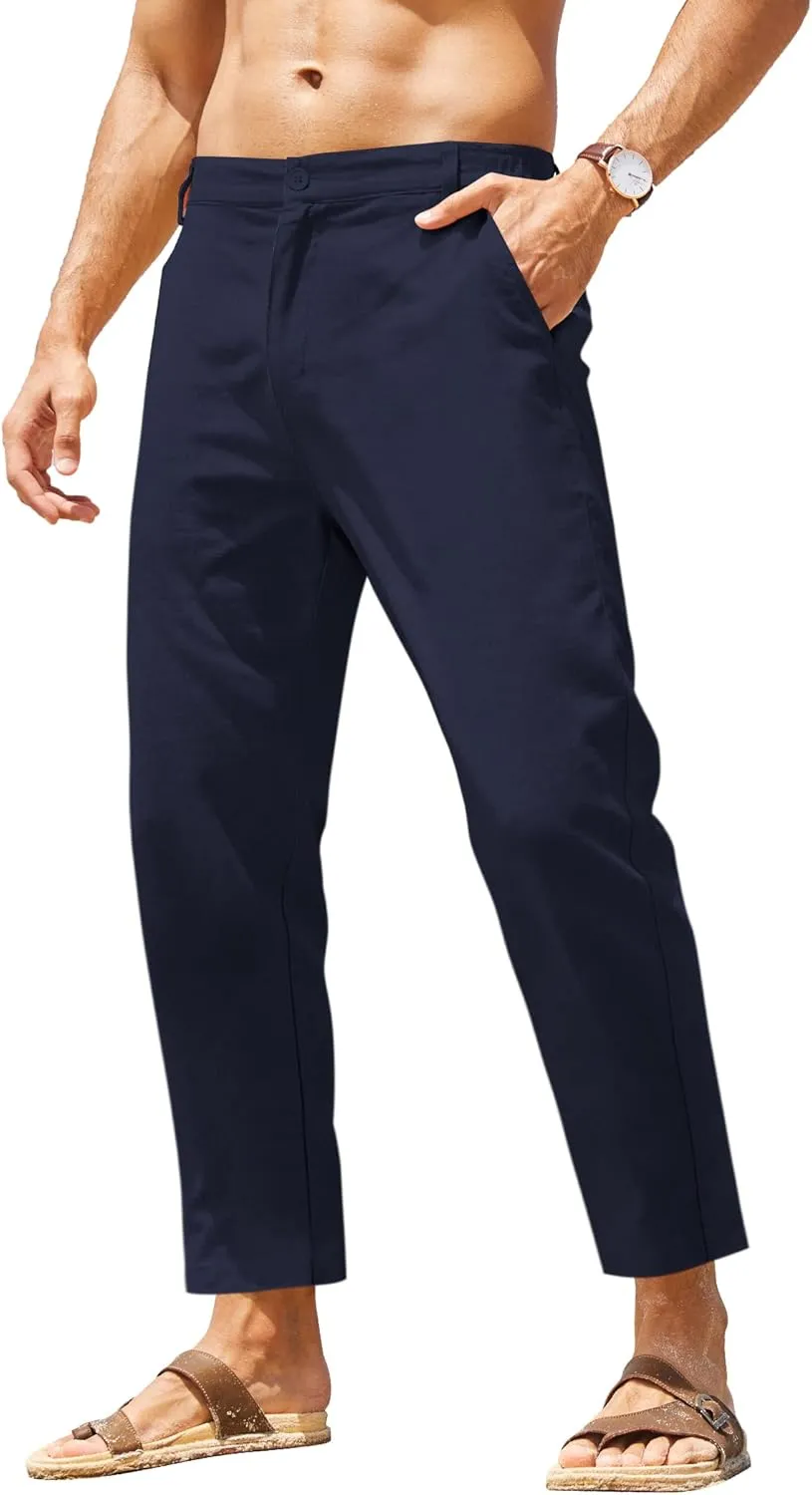 COOFANDY Men's Cotton Linen Pants Elastic Waist Lightweight Casual Pants Relaxed Fit Yoga Beach Pants with Pockets