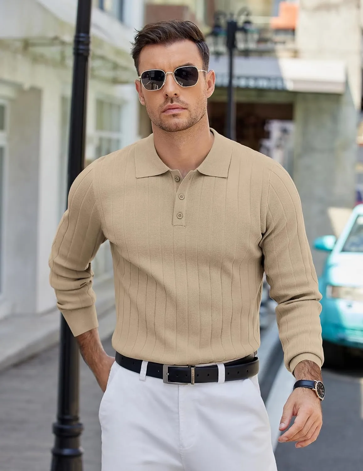 COOFANDY Mens Knit Polo Sweater Long Sleeve Polos Lightweight Casual Dress Pullover Sweaters
