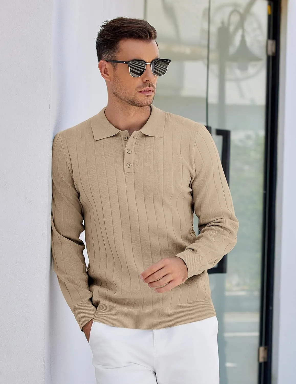 COOFANDY Mens Knit Polo Sweater Long Sleeve Polos Lightweight Casual Dress Pullover Sweaters