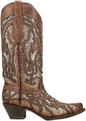 CORRAL Women's Golden Luminary Roots Orix Glitter Inlay & Studs Snip Toe Western Boots,
