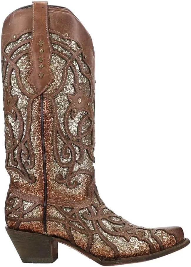 CORRAL Women's Golden Luminary Roots Orix Glitter Inlay & Studs Snip Toe Western Boots,