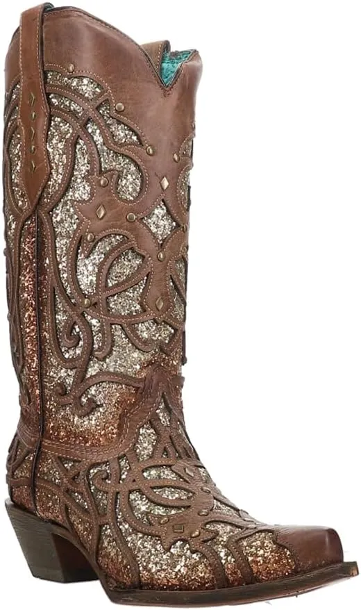 CORRAL Women's Golden Luminary Roots Orix Glitter Inlay & Studs Snip Toe Western Boots,