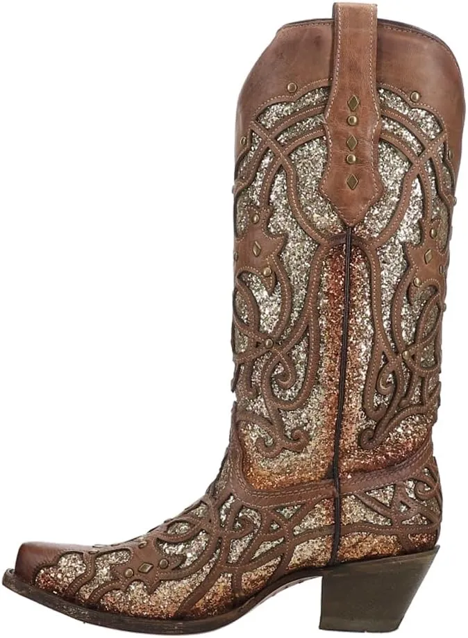 CORRAL Women's Golden Luminary Roots Orix Glitter Inlay & Studs Snip Toe Western Boots,