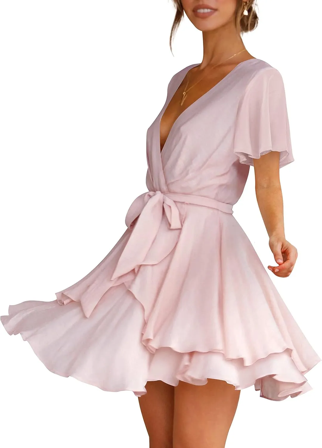 Cosonsen Women's Dress Deep V-Neck Long Sleeve Waist Tie Ruffle Mini Swing Skater Dresses