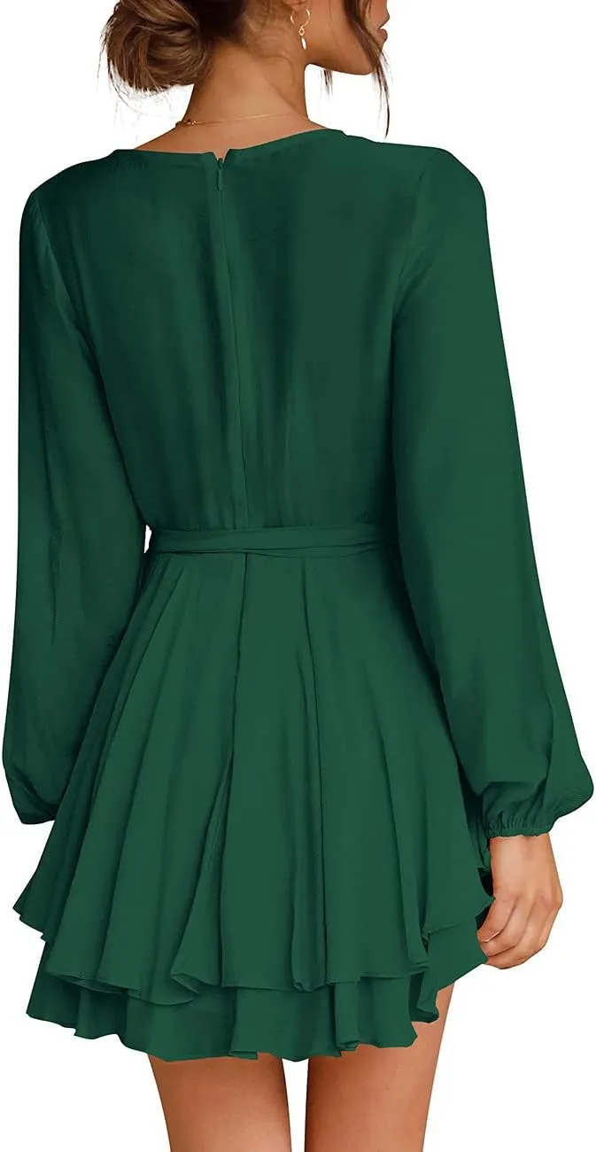 Cosonsen Women's Dress Deep V-Neck Long Sleeve Waist Tie Ruffle Mini Swing Skater Dresses
