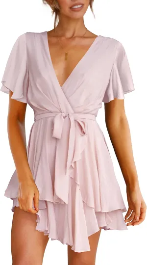Cosonsen Women's Dress Deep V-Neck Long Sleeve Waist Tie Ruffle Mini Swing Skater Dresses