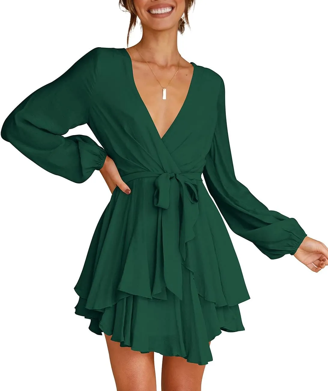 Cosonsen Women's Dress Deep V-Neck Long Sleeve Waist Tie Ruffle Mini Swing Skater Dresses