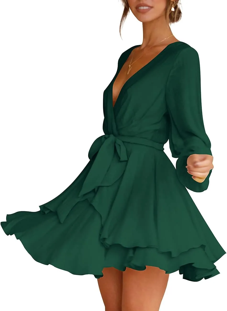 Cosonsen Women's Dress Deep V-Neck Long Sleeve Waist Tie Ruffle Mini Swing Skater Dresses