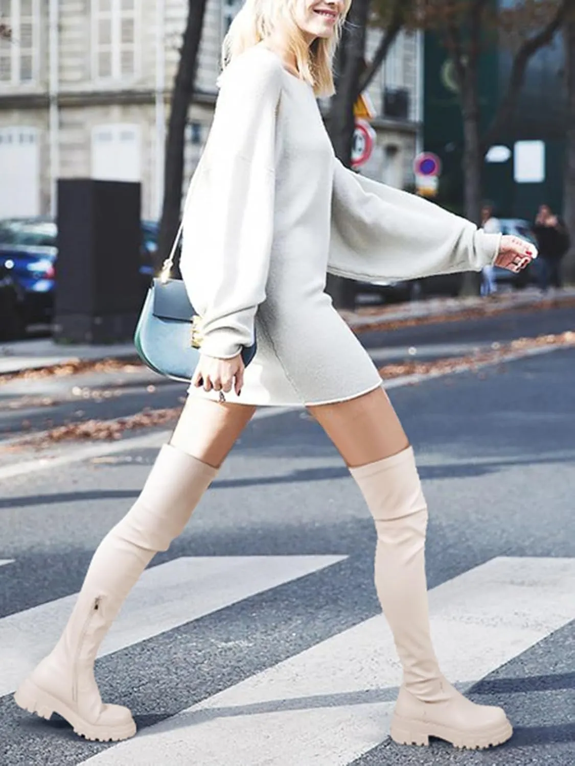 CouieCuies Black Thigh High Boots For Women Platform Over The Knee High Boots Lug Sole Comfortable Stretch Boots 6-11