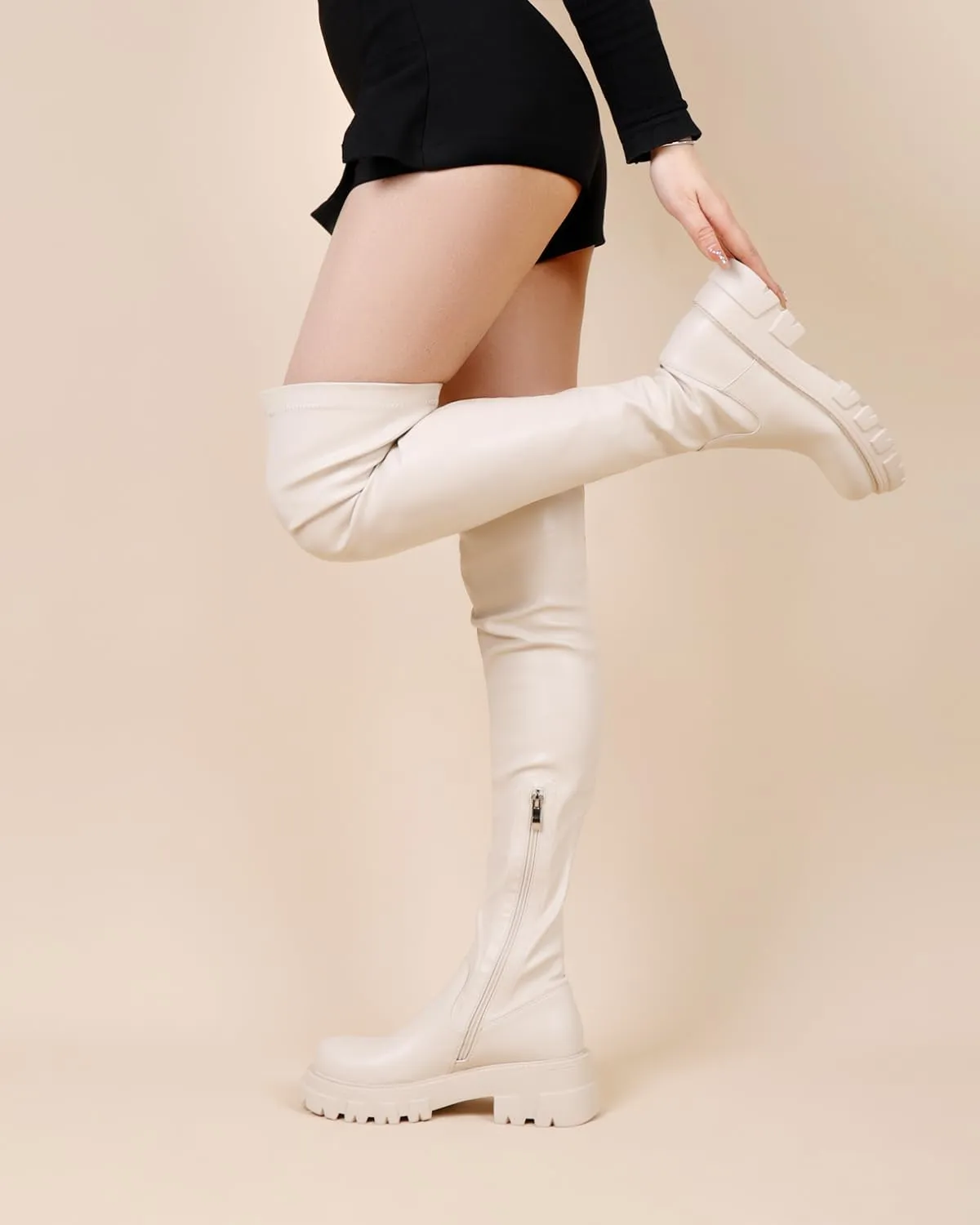 CouieCuies Black Thigh High Boots For Women Platform Over The Knee High Boots Lug Sole Comfortable Stretch Boots 6-11