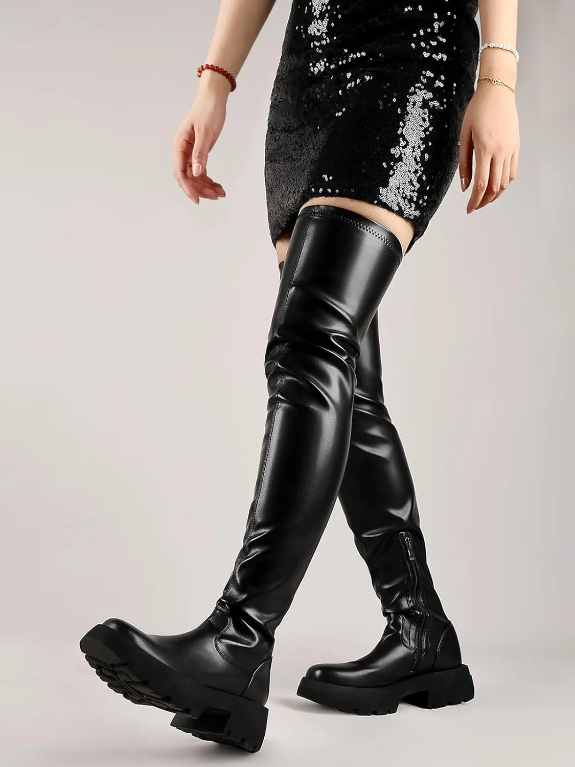 CouieCuies Women's Over the Knee Boots Black Thigh High Boots Platform Knee High Lug Sole Comfortable Stretch Mid Heel Zipper