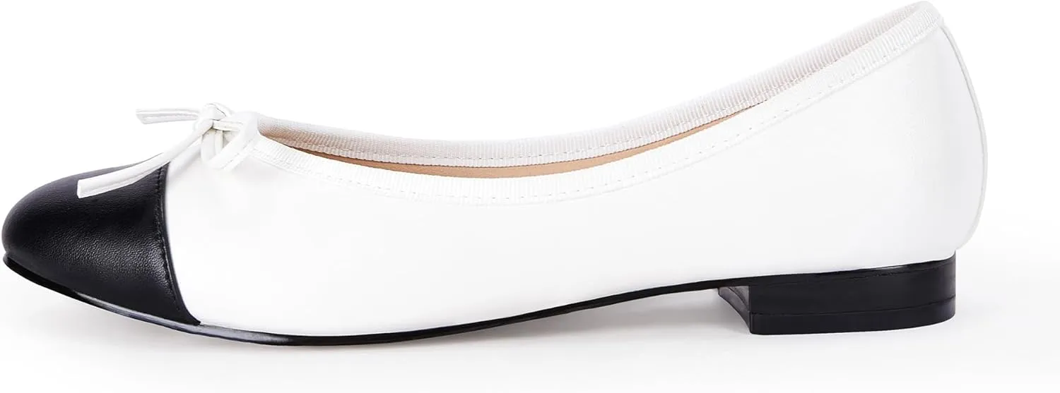 Coutgo Womens Cap Toe Ballet Flats Bow Pointed Toe Slip On Office Work Comfort Dress Party Flat Shoes