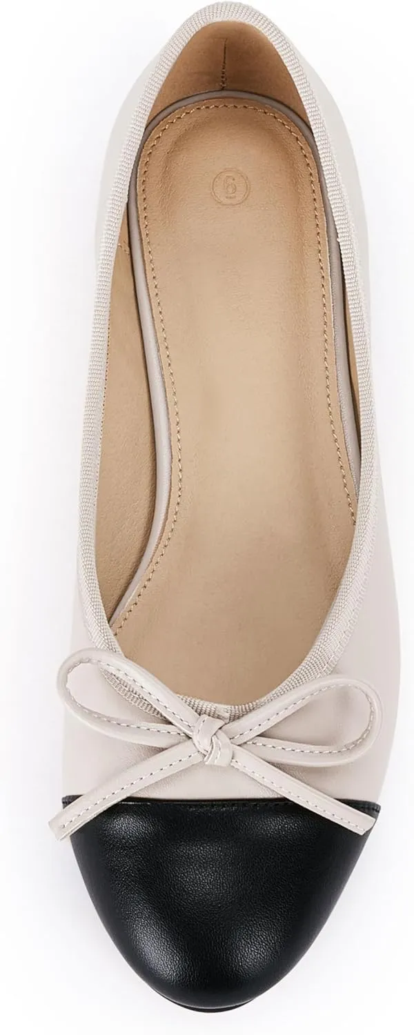 Coutgo Womens Cap Toe Ballet Flats Bow Pointed Toe Slip On Office Work Comfort Dress Party Flat Shoes