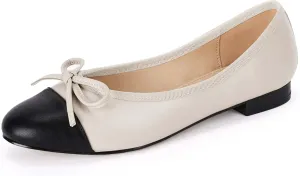 Coutgo Womens Cap Toe Ballet Flats Bow Pointed Toe Slip On Office Work Comfort Dress Party Flat Shoes