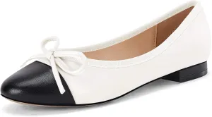 Coutgo Womens Cap Toe Ballet Flats Bow Pointed Toe Slip On Office Work Comfort Dress Party Flat Shoes