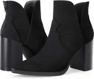 Coutgo Womens Cutout Ankle Boots Pointed Toe Chunky Heel Booties Back Zipper Slip on Western Boot Shoes